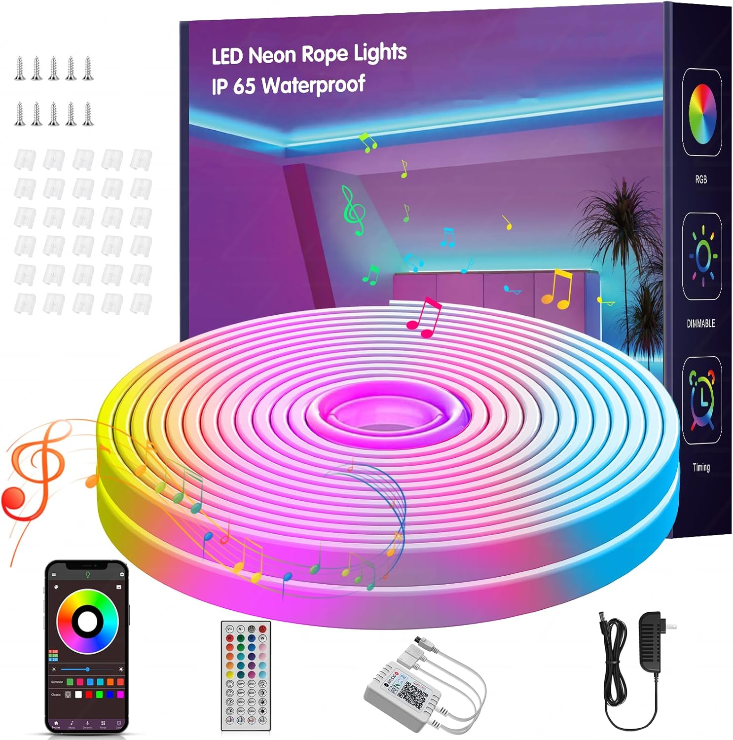 32.8FT Led Neon Rope Lights Music Sync, RGB Led Strip Lights Outdoor, Neon Led Light Strip with Remote & App Control, DIY Flexible Led Lights for Bedroom, Gaming, Party, Room Decor Aesthetic
