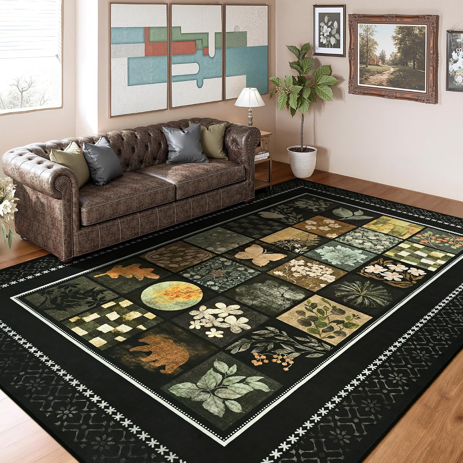 5X7 Area Rugs for Living Room, Modern Large Geometric Rug for Bedroom, Washable Patchwork Rug Indoor Non Slip Throw Carpets for Dining Room Office Farmhouse Home Decor, Black - Image 2
