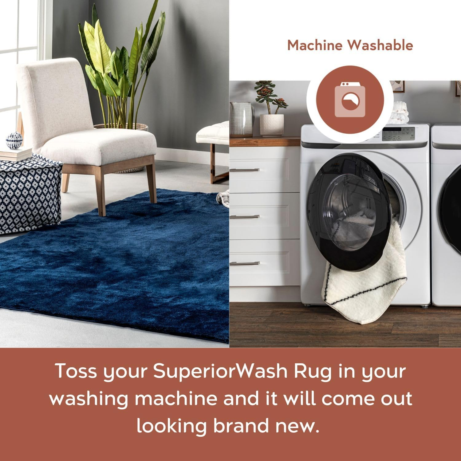4' Square Cozy Plush Area Rug, Machine Washable, Non-Slip, Soft Fluffy Shag Carpet for Living Room Bedroom Kids Room Nursery Home Decor, Loni Navy - Image 3